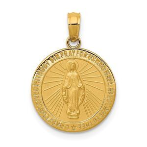 14k Yellow Gold, Round Miraculous Medal Pendant, 15mm (9/16 Inch)